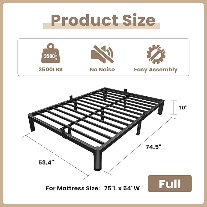 ROIL 10 Inch Full Size Bed Frame with Rounded Corner Low Profile Metal Platform 3500LBS Heavy Duty Steel Slats No Box Spring Needed Noise-Free Easy Assembly