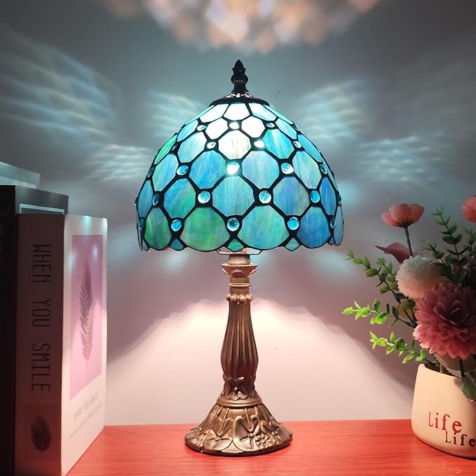Small Tiffany Table Lamp 8 Inch Blue Pearls Style Tiffany Style Stained Glass Antique Light Bedroom Bedside Lamp Retro Reading Light