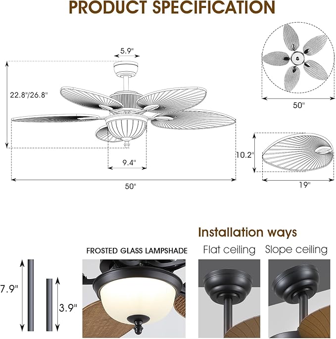 50 Inch Tropical Ceiling Fans with Lights and Remote/APP Control, Outdoor Waterproof Palm Leaf Ceiling Fan for Patios Porches, Wet Rated, Glass Lampshade, 6 Speeds, Quiet, Wood Grain