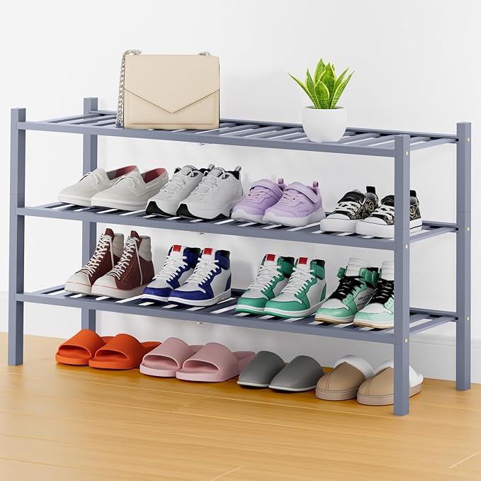 Smiry Shoe Rack, 3 Tier Thick Long Bamboo Shoe Organizer, Stackable Free Standing Wooden Shoe Storage Shelf for Closet, Entryway, Front Door Entrance, Grey