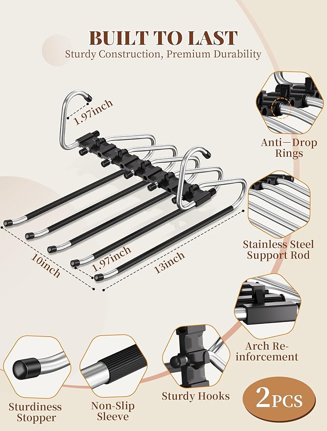 Pants Hangers 2 Pack Space Saving Metal Closet Organizer, Anti-Slip Design, Multi-Layer Space Saving Hangers, Closet Organizers and Storage for Jeans, Trousers, Skirts, Scarves, Slacks, Black