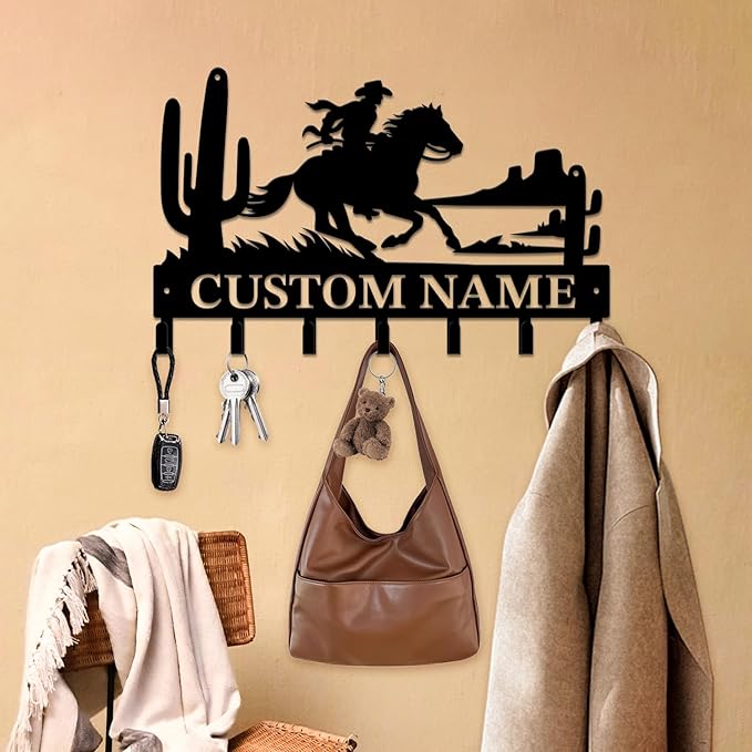 Personalized Custom Name West Cowboy Keys Hooks,Metal Cowboy Art Clothes Keys Hooks,Metal Cowboy Lover Wall Home Storage Decorative Keys Hooks,Key Holder Hooks for Wall (Style G)