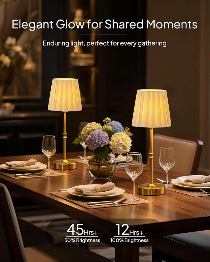 EppieBasic Cordless Table Lamp Rechargeable: Fast Charging & Long Lasting - 2700K Warm Light Vintage Gold Lamps - Dinning Living Room Bedroom - Pleated Shade