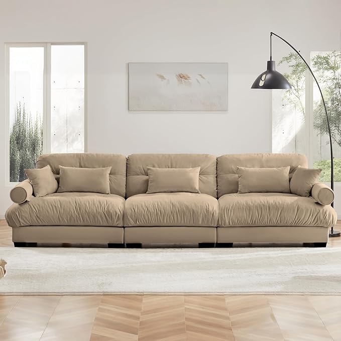 130" Oversized Couch, 3 Seater Modular Sectional Sofa, Camel Large Sectional Couches for Living Room, Fluffy Couch Set, Velvet Cloud Sofa with 5 Pillows, Deep Seat Sofas for Living Room