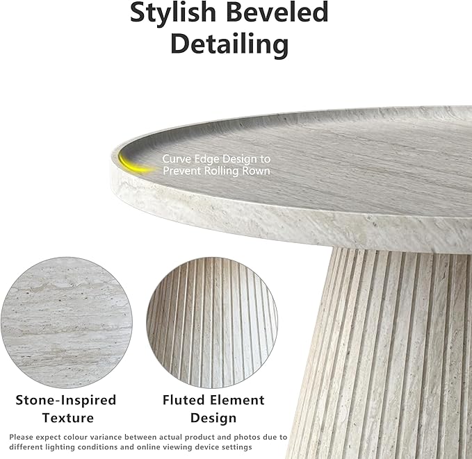 win2win Nesting Coffee Table Set of 2, Modern Fluted Coffee Table with Faux Stone Veneer, Travertine Round Tea Table and End Table Set, Minimalist Center Tables for Living Room, Office, Stone