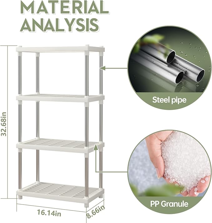 4 Tier White Plastic and Metal Freestanding Shelf Bathroom Organizer, Shelving Unit Storage Rack Organizer for Home, Garage, Basement, Shed and Laundry Room
