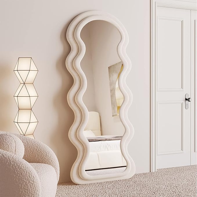BOJOY Full Length Wavy Arched Mirror, 63x24in, Wall Mount/Standing/Leaning - White