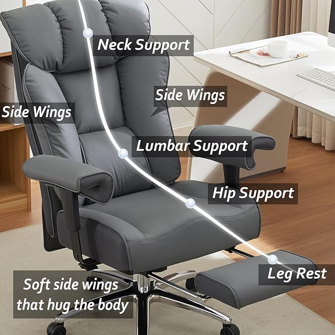 Efomao Desk Office Chair, Ergonomic Office Chair with Adjustable Headrest & Lumbar Support, PU Leather Back Computer Desk Chair for Home Office or Gaming, Swivel Height Adjustable Task Chair