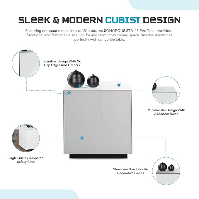SONOROUS Premium Tempered Glass Side Table - Luxury Nightstand & Bedside Table for Bedroom or Living Room - High Gloss End Table in White Finish - Sleek Cube Design with Fingerprint Resistant Glass