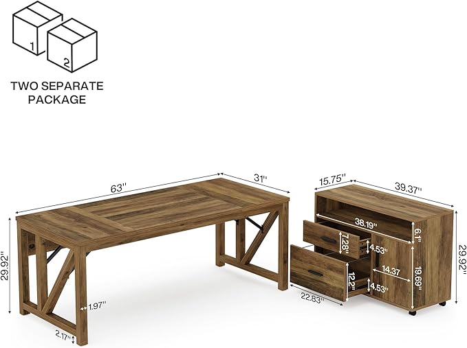 Tribesigns L Shaped Desk with Drawer Cabinet, 63" Executive Computer Desk and lateral File Cabinet, 2 Piece Home Office Furniture with Drawers for Hanging, Door (Rustic Brown, 63 inches)