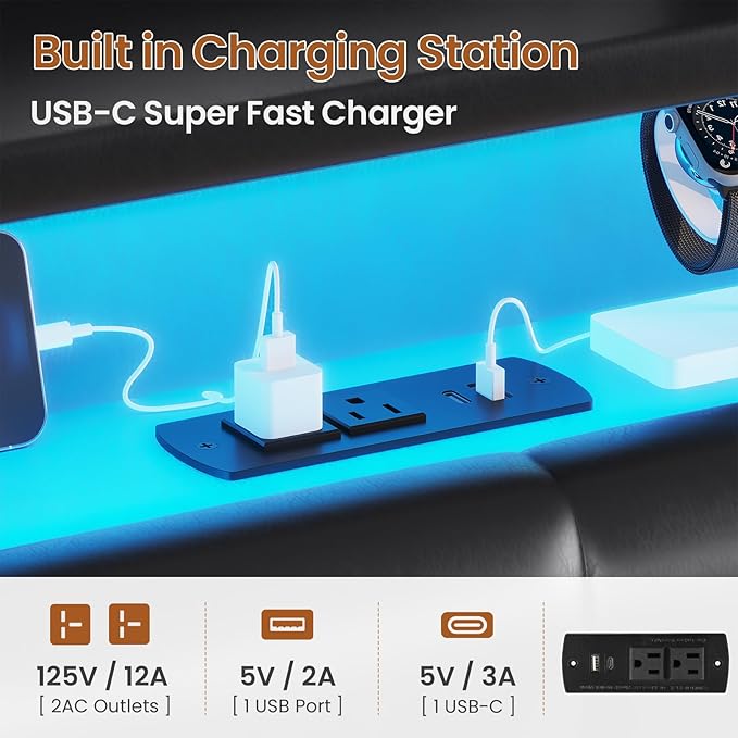 ADORNEVE Lift Up Storage Queen Bed Frame with Type-C Charging Station& Hidden Storage Headboard, LED Lights Upholstered Platform Bed,Queen Bed with Hydraulic, No Box Spring Needed,Black