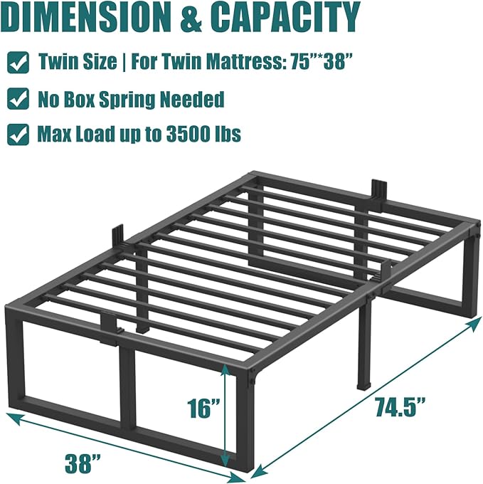 16 inch Twin Bed Frame,3500 lbs Heavy Duty Metal Platform,Steel Slats Support/No Box Spring Needed/Noise Free/Non-Slip/Easy Assembly