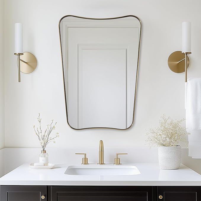 ANDY STAR 24x32 Inch Gold Mirror, Bathroom Vanity Mirror, Antique Brass Butterfly Mirror, Irregular Wall Mirror with Unique Curved Design Ideal for Home Remodel, Anti-Rust 1” Frame