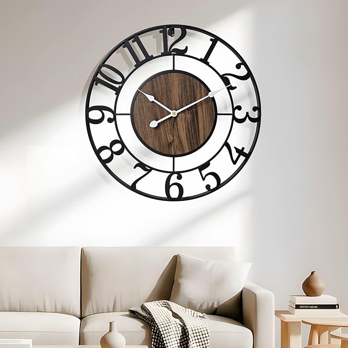 Large Metal Wall Clock, 20 Inch Retro Decorative Silent, Non Ticking, Battery Operated Modern Big Wood Wall Clock for Living Room, Farmhouse, Bedroom, Fireplace, Kitchen, Office, Home Decor