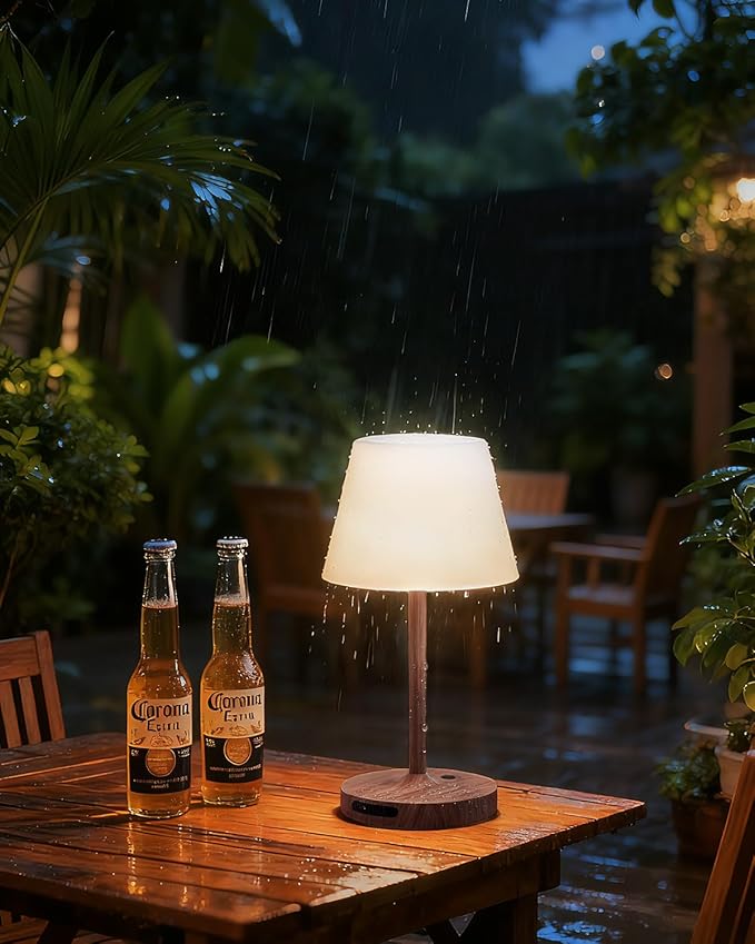 Outdoor Waterproof Shower Lamp, 5200mAh Cordless Rechargeable Table Lamp with Touch Dimming, IP65 Wireless LED Night Light for Patio, Camping, Bathroom, Restaurant & Kitchen (Dark Walnut)