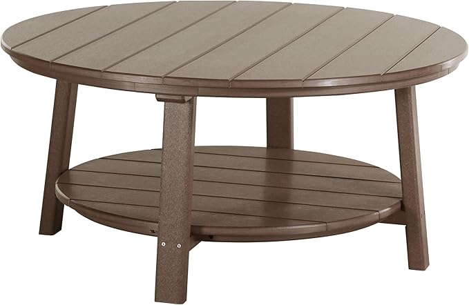 LuxCraft Deluxe Poly Round Outdoor Coffee Table, Two Tier Coffee Table, Round Conversation Tables for Outside Patio with Lower Shelf - Amish Made in USA (Chestnut Brown)