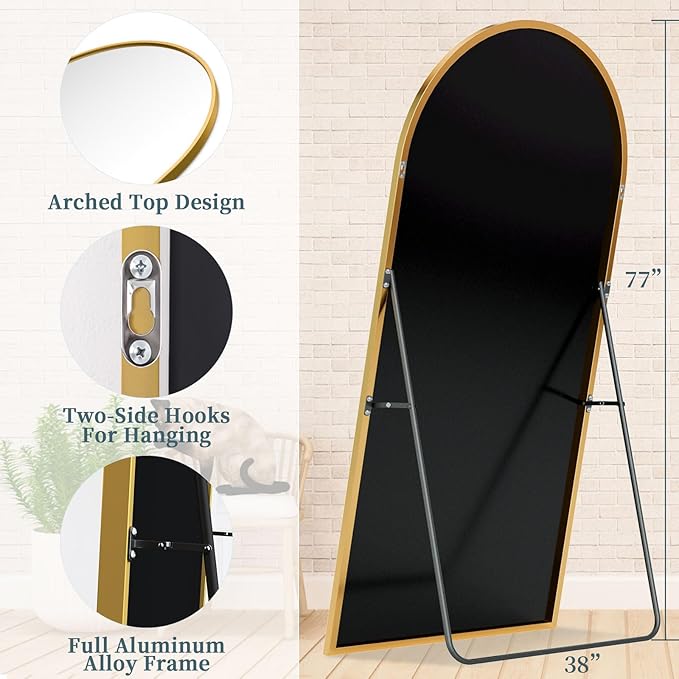 Full Length Mirror, 78"x38" Oversized Floor Mirror with Stand, Hanging or Leaning Full Body Mirrors Mirror for Bedroom, Living Room, Cloakroom, Arch, Gold