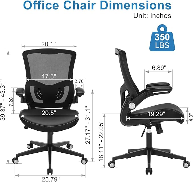 Office Chair Ergonomic Desk Chair 350lbs Comfy Mesh Computer Chair with Adjustable Lumbar Support Flip-up Armrests, Executive Rolling Swivel Comfy Task Chair for Home Office