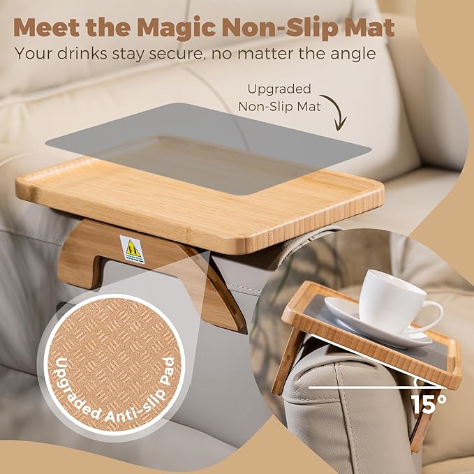 Couch Armrest Table, Foldable Bamboo Sofa Arm Tray for Couch with a Non-Slip Pad, Clip On Couch Arm Table for Remotes/Eatting/Drinks, Fits Sofa Armrest 3.5"-13.5" Natural