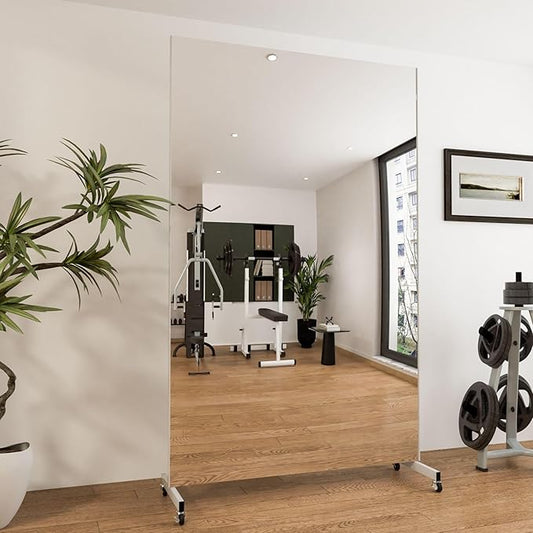 brisafe Home Gym Mirror 360° Swivel on Wheels, 75" X 47" Extra Large Full Body Rolling for Yoga, Nano Film Super Lightweight Unbreakable Full Length Mirror（White）