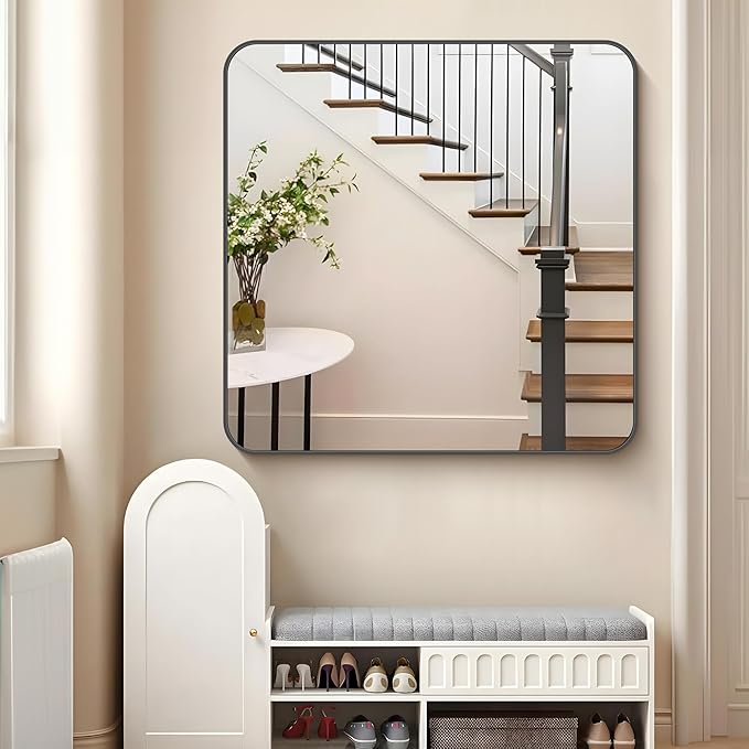 FORBATH Bathroom Mirror 42x42 Inch, Large Square Vanity Mirror with Black Aluminum Frame Rounded Corner, Wall Mounted Mirror for Bathroom Bedroom Entryway Living Room Home Decoration