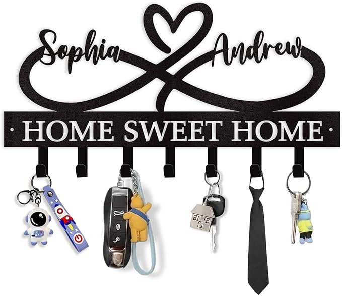 Personalized Custom Couple's Name Metal Key Holder - Love Shape Key Hooks for Wall, Housewarming Wedding Gifts, Bedroom Entryway