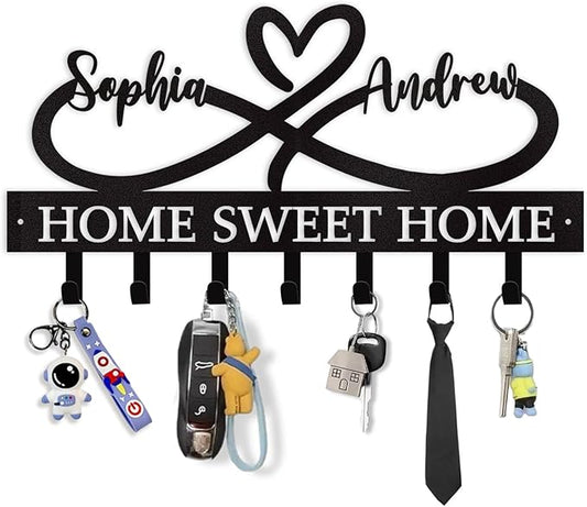 Personalized Custom Couple's Name Metal Key Holder - Love Shape Key Hooks for Wall, Housewarming Wedding Gifts, Bedroom Entryway
