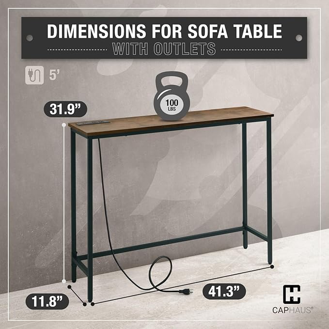 CAPHAUS 41” Classic Console Table w/ 2 Outlets, USB & Type-C Ports for Entryway, Modern Snack Entrance Sofa Tableau w/Charging Station, Living Room Accent Behind Couch Plant Mesa, Rustic Oak