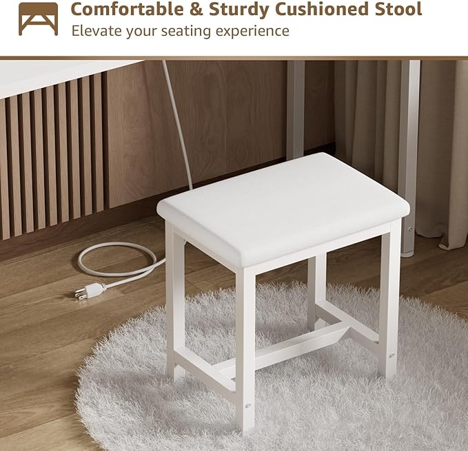 White Makeup Vanity Desk with Mirror and Lights Big Vanitys Set with Chair, Drawers and Power Outlet, Dressing Table Vanities for Girls Bedroom 47“