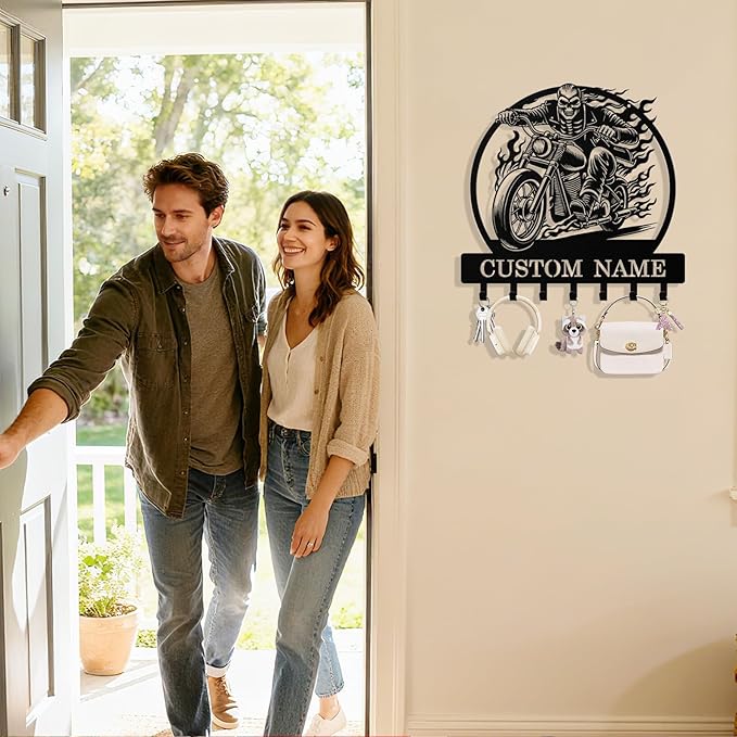 Personalized Key Holder Wall Mount, Custom Motorcycle Metal Keys Holder for Wall with Name, Wall Key Hanger Rack with Hooks for Entryway, Front Door, Living Room, Kitchen, Bathroom, Garden