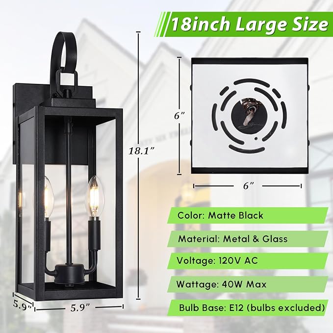 BesLowe 18" Outdoor Wall Light Fixture, 2-Light Large Exterior Lighting Fixture Wall Mount, Waterproof Porch Light Outdoor Wall Sconce Lantern, Outside Light for House Front Door Garage, Black