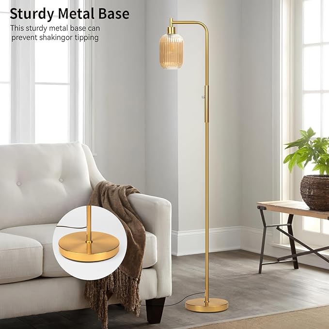 Glass Floor Lamp for Living Room, Dimmer Standing Lamp with Green Ribbed Lampshade,66” Tall Lamp & Gold Floor Lamp for Bedroom Study Room,Brushed Gold (Amber)