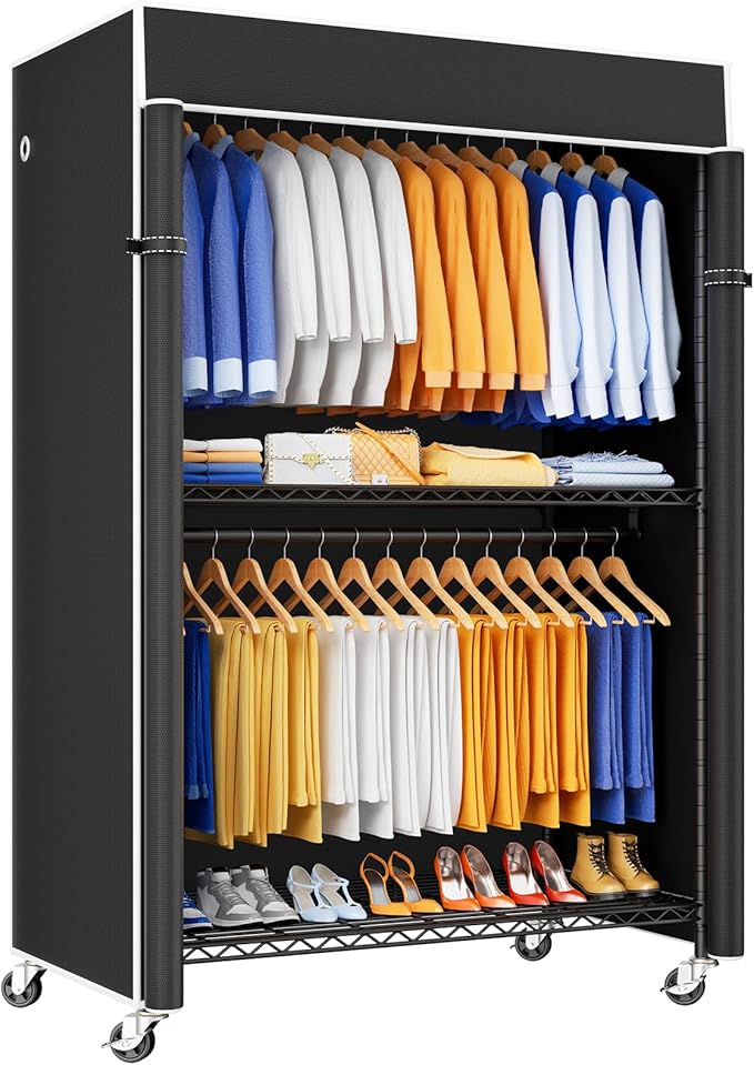 P8C Heavy Duty Clothes Rack（With Extended Width Design） Rolling Clothing Racks for Hanging Clothes with Lockable Wheels，51.2"W x 15.8"D x 80.5"H，Max Load 700LBS，Black Rack with Black Cover