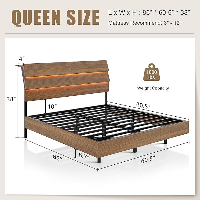 Queen Floating Bed Frame with Charging Station, Led Bed Frame with Wood Storage Headboard, Heavy Duty Metal Slats, No Box Spring Needed, Noise Free, Easy Assembly, Walnut