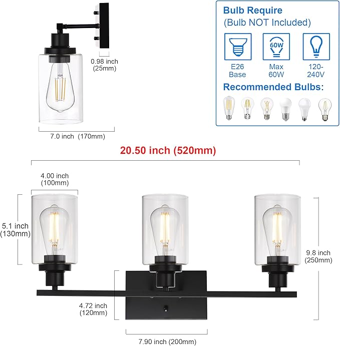 MELUCEE Bathroom Vanity Light Fixtures 24 Inches Length 3 Lights Wall Sconce Black with Clear Glass Shade for Bedroom Living Room Hallway Kitchen (Patent No.: US D963914 S)