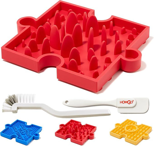 HowGo Puzzle Slow Feeder Lick Mat for Dogs, 38+ Suction Cups | Non-Slip Heavy Duty Maze Enrichment Bowl BPA-Free Silicone | Reduce Boredom Anxiety Free Combination (1PC, Red)