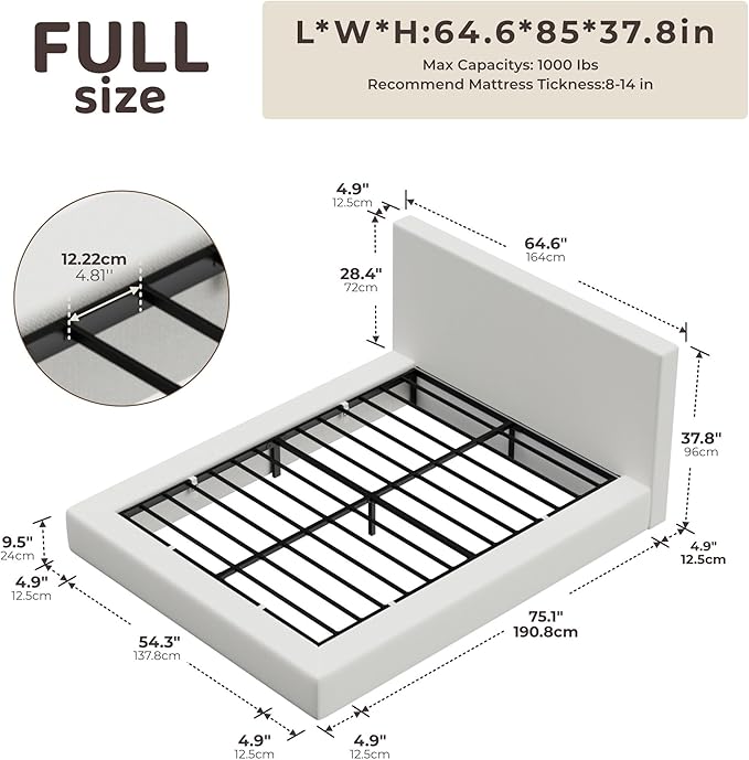RECCI Cloud Upholstered Full Bed Frame with Headboard, 5 Inch Foam Padded Platform, No Box Spring, Easy Assembly (Off-White)