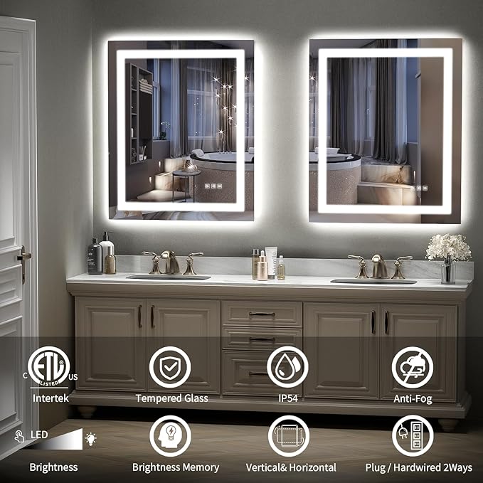 LED Mirror for Bathroom, 30x36 Inch Backlit + Front Lighted Bathroom Vanity Mirror with Lights for Wall, Double Light Strips, 3 Colors, Shatter-Proof, Anti-Fog and Brightness Memory