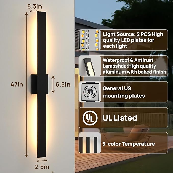 Upgraded 2-Pack 47in Black Long Modern LED Outdoor Wall Lights 3000K 4000K 5000K Dimmable Exterior Wall Sconce Outside Light fixtures for House Garage Front Door