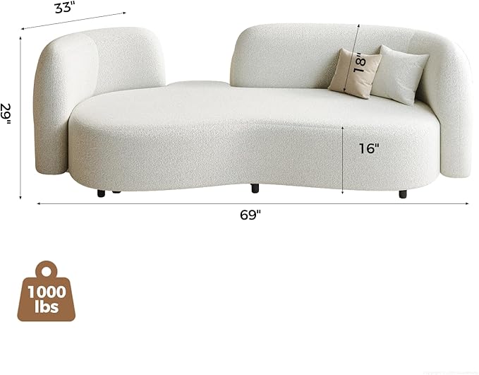 Sherpa Curved Loveseat Sofa, Modern Upholstered Couch with Solid Wood Frame, Thick Foam Cushion, Compact Comfy Sofa for Apartment, Living Room or Office – Ivory White
