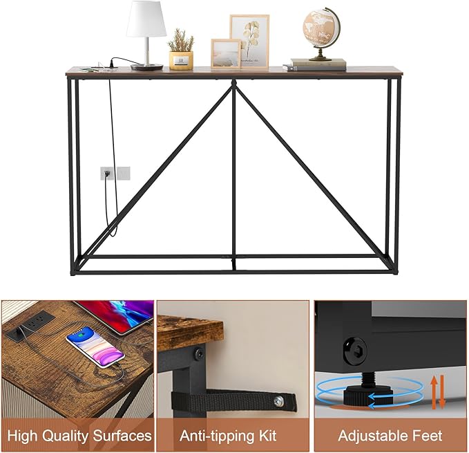 Console Table, 51" W × 12" D × 31.5" H Sofa Table Behind Couch, Entryway Table with Electrical Outlet & USB Ports, Industrial Pyramid Metal Base Console Table for Entryway, Rustic Brown