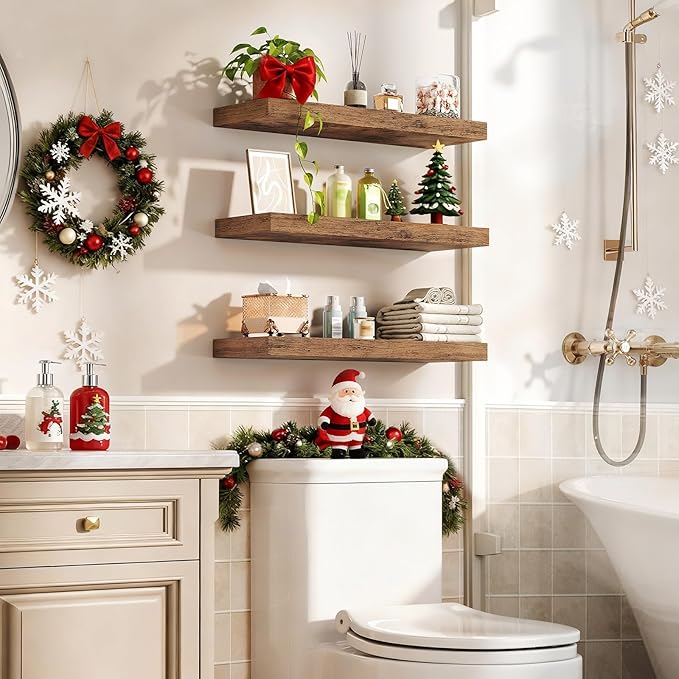 Floating Shelves for Wall, 1.5" Thick Wall Shelf Set of 3 with Invisible Brackets, 23.6L x 7.9W Hanging Shelves Farmhouse Home Decor for Bathroom, Living Room, Bedroom, Rustic Brown 6301BJP3BF