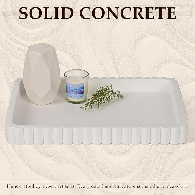 Concrete Decorative Tray for Coffee Table Decor, 14" Coffee Table Tray Ottoman Tray Table Centerpieces, Rectangular Modern Decorative Trays for Home Decor, Living Room, Entry, White
