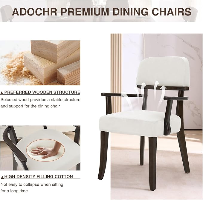 Modern Wood Dining Chairs with Arms Set of 6, Velvet Upholstered Kitchen Chairs with Open Curved Backrest & Black Hardwood Legs, Accent Chairs 350 LBS Capacity, White