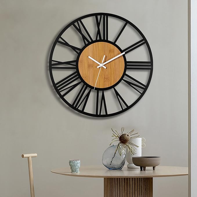 1st owned Wall Clocks for Living Room Decor,24" Vintage,Round Silent Non Ticking,Black Metal,Modern Wood Clocks for Home Bedroom,Kitchen,Garden,Office,Cafe,Modern Wall Decoration -Roman Numerals