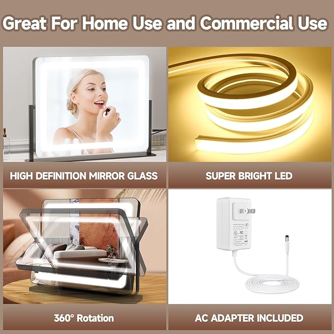 PRIMETEK Vanity Mirror with Lights, 22"x19" Large Makeup Mirror with Lights, LED Lighted Hollywood Makeup Mirror, Touch Sensor with 3-Color Lighting, Dimmable for Vanity Desk Tabletop, Bedroom, Black