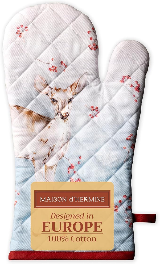 Maison d' Hermine Oven Gloves 100% Cotton Oven Mitt 7" x 13" with Loop Heat Resistant BBQ Cooking Gloves for Thanksgiving Christmas Decorations Baking Handling Hot Pans (Pack of 1, Fairy Tale Forest)