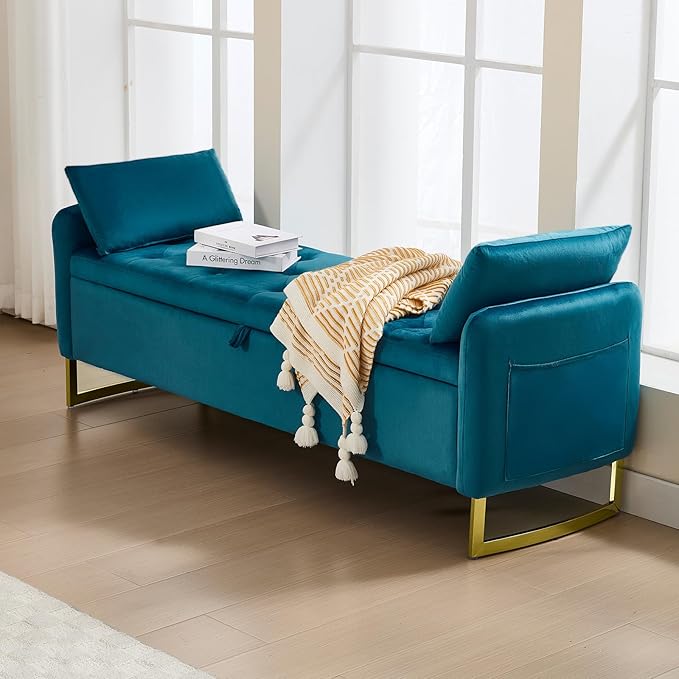 65" Storage Ottoman Bench, End of Bed Storage Bench King Size with Tufted Button Upholstered and Gold Legs, Bedroom Benches with Armrests for Living Room Window, Vintage Green