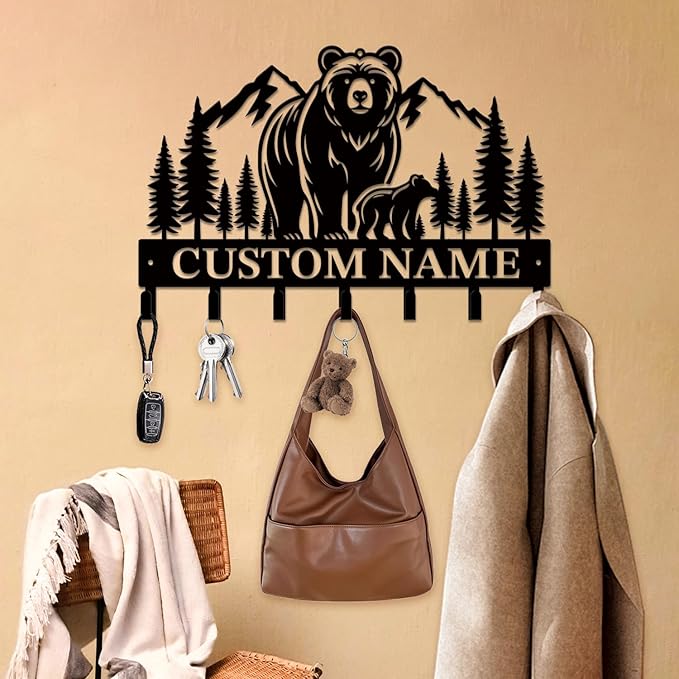 Personalized Custom Name Bear Key Wall Hooks,Metal Bear Keys Clothes Hooks,Metal Bear Wall Home Storage Decorative,For Front Door, Hallway, Kitchen, Bedroom,Keys,Hats (Style H)