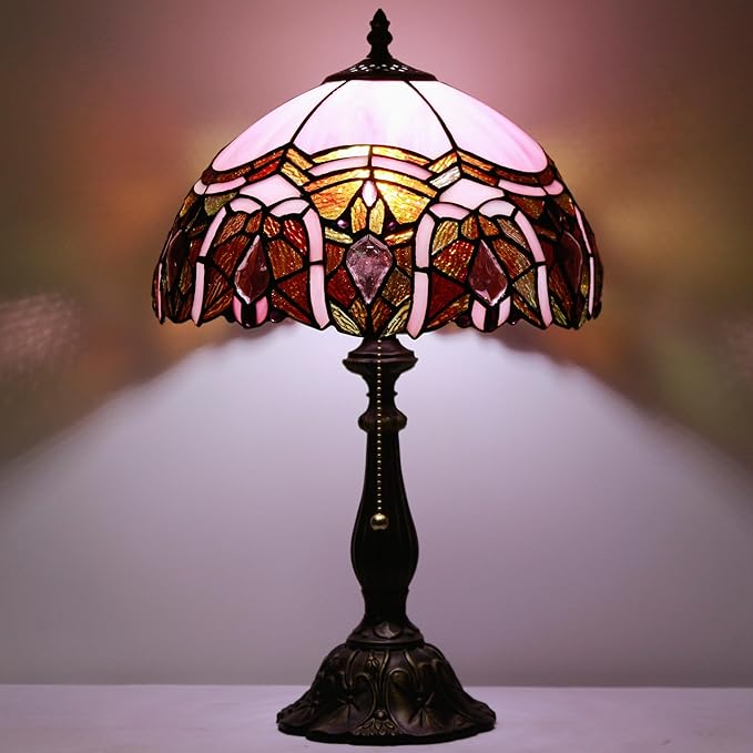 Tiffany Table Lamp Stained Glass Lamp 12X12X19 Inch Antique Reading Light (Pink Jewelry)